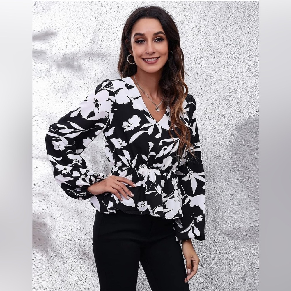 Women's Floral Print V Neck Long Sleeve Lantern Sleeve Elastic Waist Peplum top